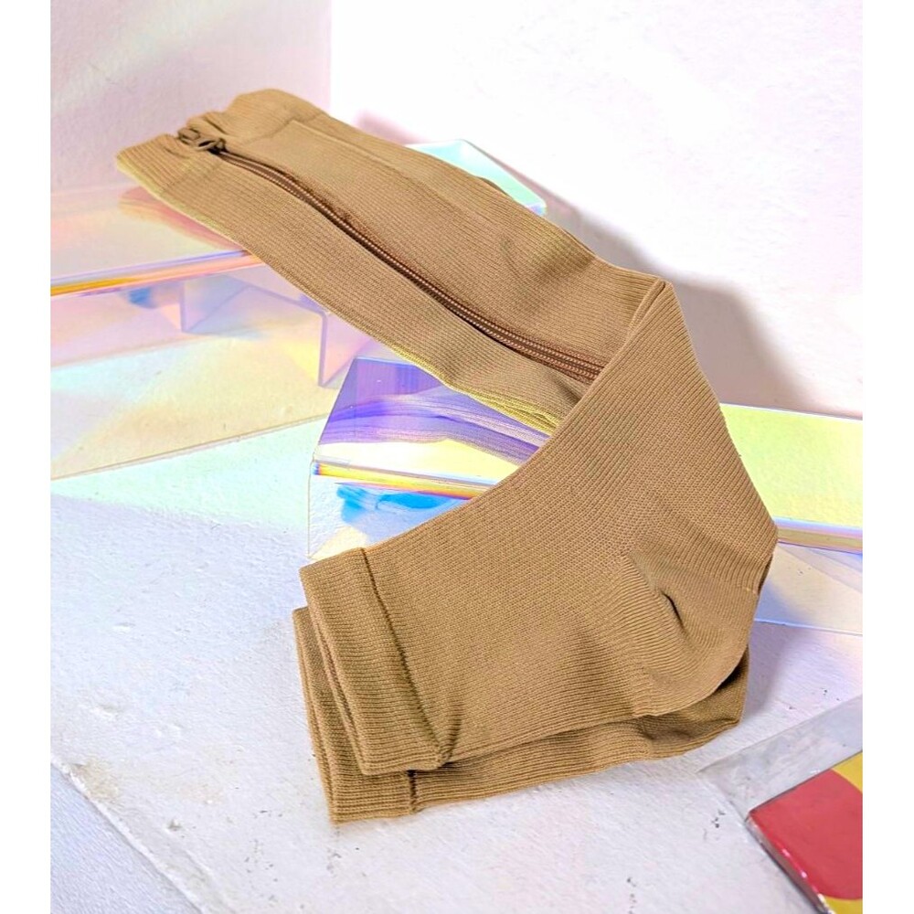 Nude Beige Zipper Compression Socks S/M Open Toe Knee High Stockings